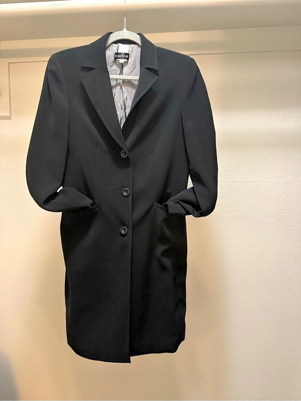 bebe Black Long Sleeve Coat Size 6 Like New
